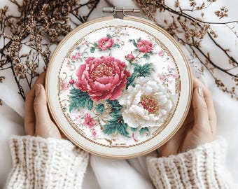 Peonies Cross stitch Pattern, flower Cross Stitch, Cross Stitch Pattern, cross stitch kit, PDF Pattern