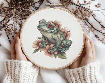 Frog with Flower Cross Stitch Pattern, Frog Cross Stitch, Cross Stitch Pattern, cross stitch kit, PDF Pattern
