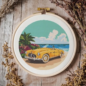 Convertible Car Cross Stitch Pattern: Vintage Beach Scene (PDF Pattern)