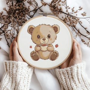 Bear with coffee Cross stitch Pattern, Bear Cross Stitch, Cross Stitch Pattern, cross stitch kit, PDF Pattern