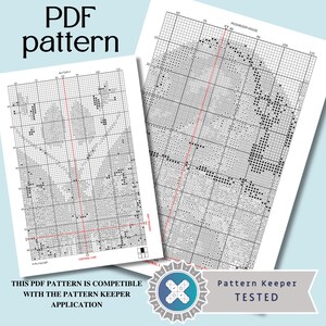 K&ouml;nnte beinhalten: Zwei PDF-Kreuzstichmuster werden gezeigt, eines mit einem Schmetterlingsdesign und das andere mit einem Pilzhaus. Die Muster sind auf Millimeterpapier mit einem Raster und Mittellinien gedruckt. Text enth&auml;lt "PDF pattern", "Pattern Keeper Tested".