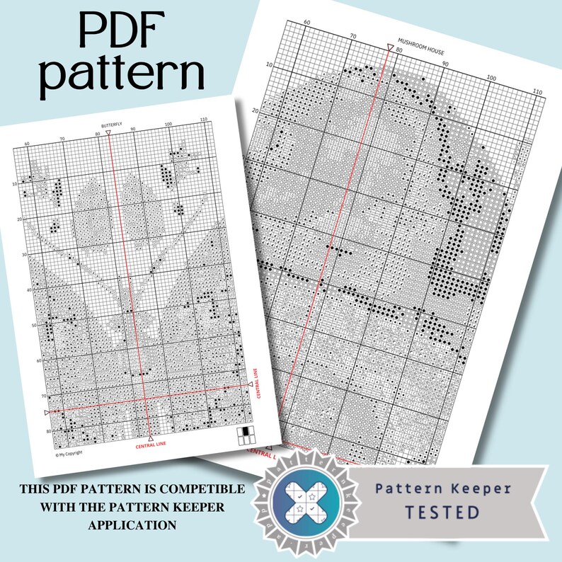 K&ouml;nnte beinhalten: Zwei PDF-Kreuzstichmuster werden gezeigt, eines mit einem Schmetterlingsdesign und das andere mit einem Pilzhaus. Die Muster sind auf Millimeterpapier mit einem Raster und Mittellinien gedruckt. Text enth&auml;lt "PDF pattern", "Pattern Keeper Tested".