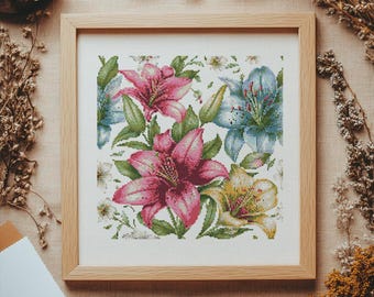 白いユリの花のクロスステッチパターン、花柄のクロスステッチウォール