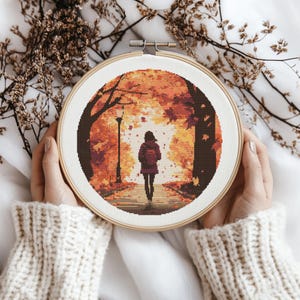 Walking Girl Cross stitch Pattern, Girl with autumn Cross Stitch, Cross Stitch Pattern, cross stitch kit, PDF Pattern