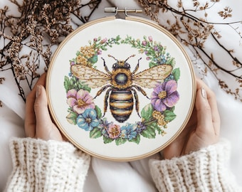 Bee Cross Stitch Pattern, flower stitch kit, digital download, PDF Pattern