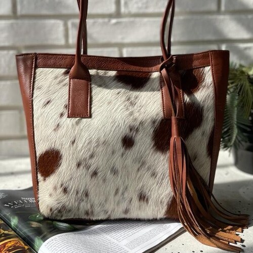 Ladies Cowhide Leather Tote Bag Brown and White Cowhide Women Etsy