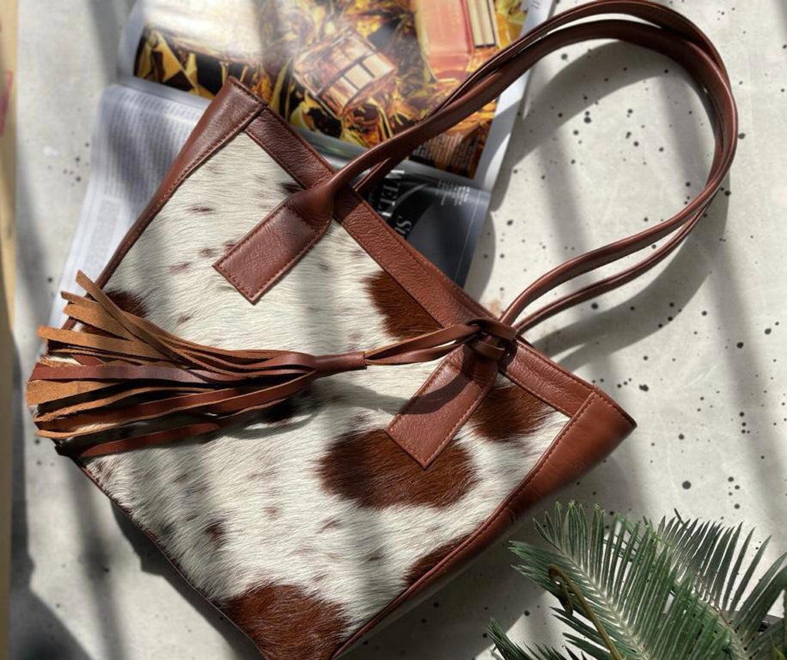 Ladies Cowhide Leather Tote Bag Brown and White Cowhide Women Etsy