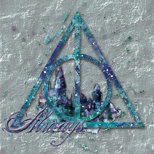 May include: Digital artwork featuring a teal and purple Deathly Hallows symbol with a castle silhouette inside. The word "Always" is written in a stylized font. The artist's name, "April Wolfe", is at the bottom.
