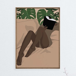 May include: A digital illustration of a person reading a book while lying on a bed with tropical leaves in the background.