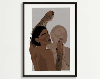 Black Woman Botanical Art Print: Afrocentric Feminine Decor (Instant Download)