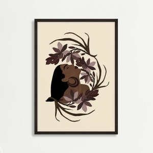 Black woman print,Flower wall art print,Flower art,Plant wall decor,Boho style decor,Boho wall art,Feminist art,Wall decor,Instant download