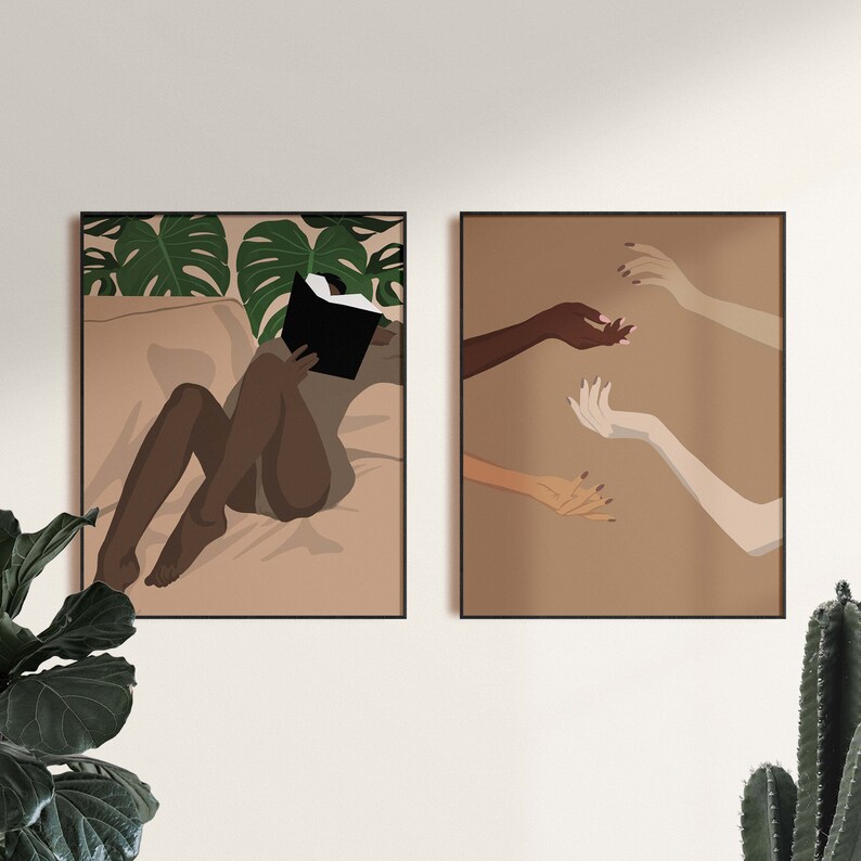 May include: Two framed illustrations. The first shows a person reading a book while lying on a bed with a leafy green background. The second shows three arms reaching out to each other, with a brown background.