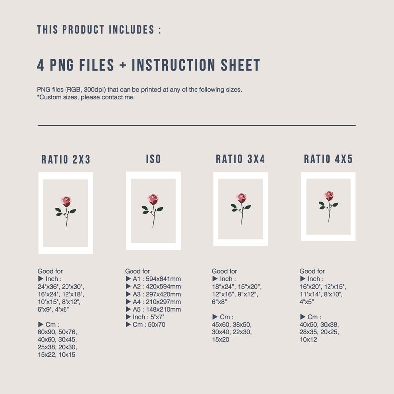 May include: Four PNG files and an instruction sheet for printing images in different aspect ratios. The ratios are 2x3, ISO, 3x4, and 4x5. The image shows a pink rose with green leaves in each ratio.