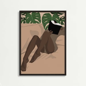 Black Woman Reading a Book wall art,Book lover Art Print,Empowerment woman print, Feminists art,  Boho woman plant wall art,Instant Download