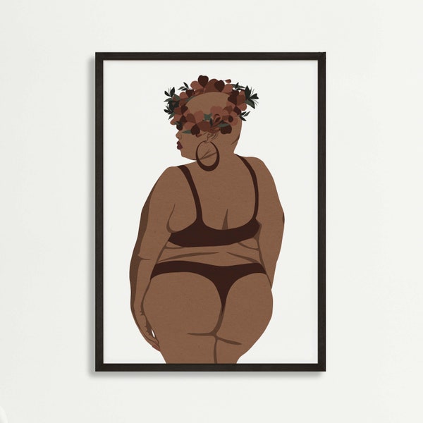 Curvy Black Woman in Bikini Art Print,Think Black Woman Art Print,Floral Headdress Print,Summer Illustration,Afrocentric Art