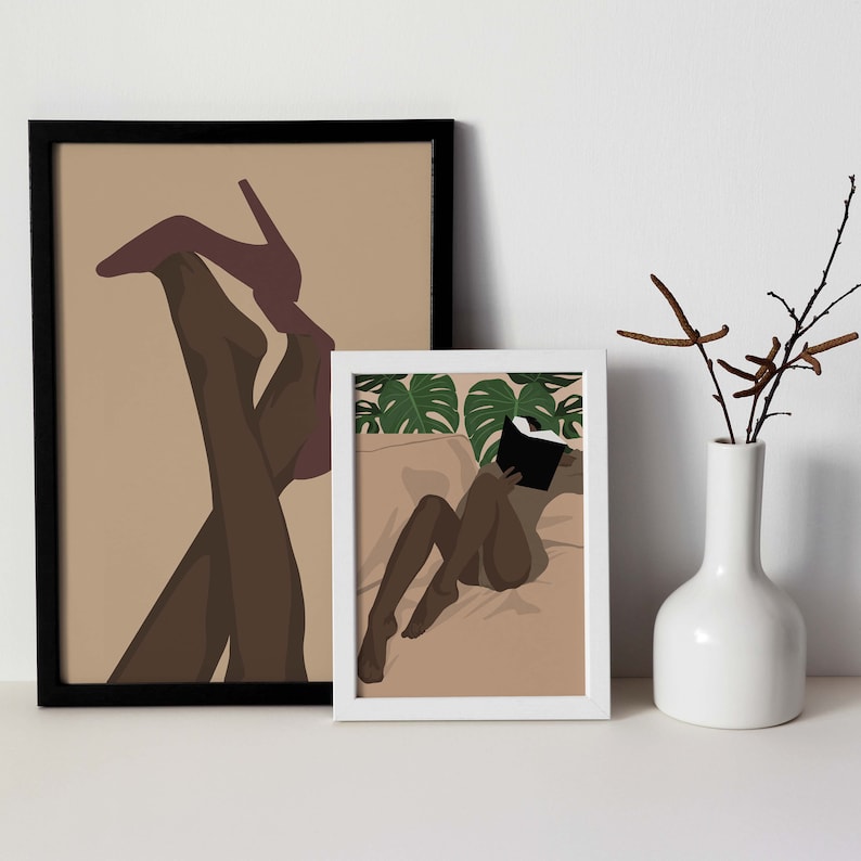 May include: Two illustrations of women. One is wearing high heels and is standing with her legs crossed. The other is lying on a bed with a book over her face. Both illustrations are in a minimalist style with brown and beige tones.