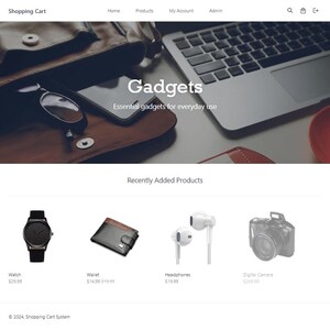 May include: A website interface showcasing gadgets. The header displays "Shopping Cart" and navigation options. The main section features the word "Gadgets" and a tagline. Below, recently added products like a watch, wallet, headphones, and a digital camera are displayed.
