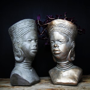 African woman  Face Shaped Flower Pot head pot Female Head Planter Concrete Head Planter Art Planter Head Planter Flower Pot