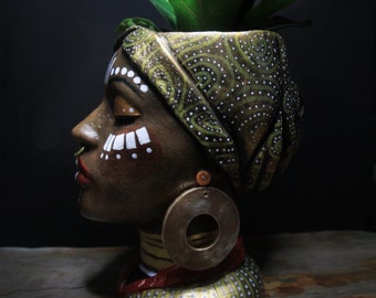 African queen Human Face Shaped Flower Pot Female Head Planter Concrete Head Planter Art Planter Head Planter Flower Pot