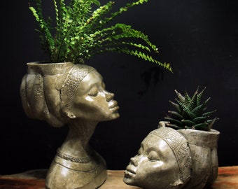 African woman  Face Shaped Flower Pots head pots Female Head Planter Concrete Head Planter Art Planter Head Planter Flower Pot