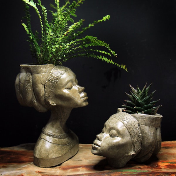 Set of 2 African woman  Face Shaped Flower Pots head pots Female Head Planter Concrete Head Planter Art Planter Head Planter Flower Pot
