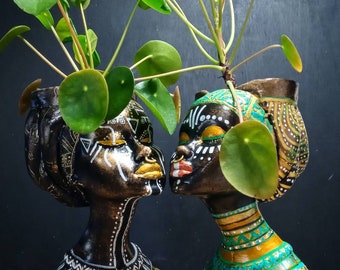 Set of two , African Woman  Face Shaped Flower Pot