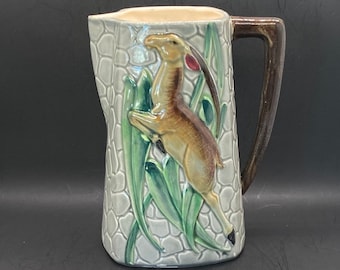 Rare Majolica Leaping Gazelle Pitcher, Marked L Batline and Son Inc, Grey Pitcher, Stone Background, 7" Tall, Home Decor, Vintage Pitcher