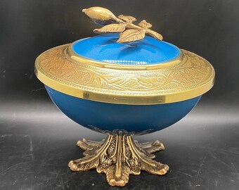 Stunning Enamel and Brass Candy Bowl made in Israel and Marked Sabra - Rare Footed Bowl with Lid - Mid Century Modern