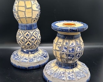 French Country Mosaic Candle Sticks: Blue and Yellow Home Decor