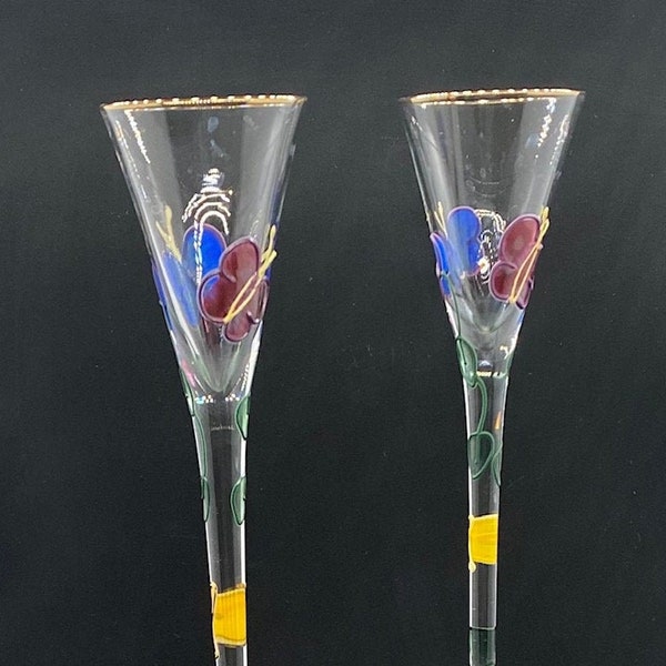 Mini Martini Flutes - Hand Painted - Butterflies and Flowers - Signed by the Artist - Company Seal on both