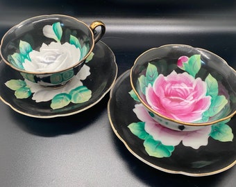 Hand Painted Floral Tea Cup and Saucer: Black with Gold Accents, Made in Japan