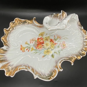 Vintage Carl Tielsch (CT) Porcelain Dish, With Ornate Handle, Made Germany - Beautiful Florals and Gold