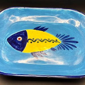 Beautiful Mexican Art Pottery Plate with Fish, can be hung and displayed or used.  Signed made in Mexico