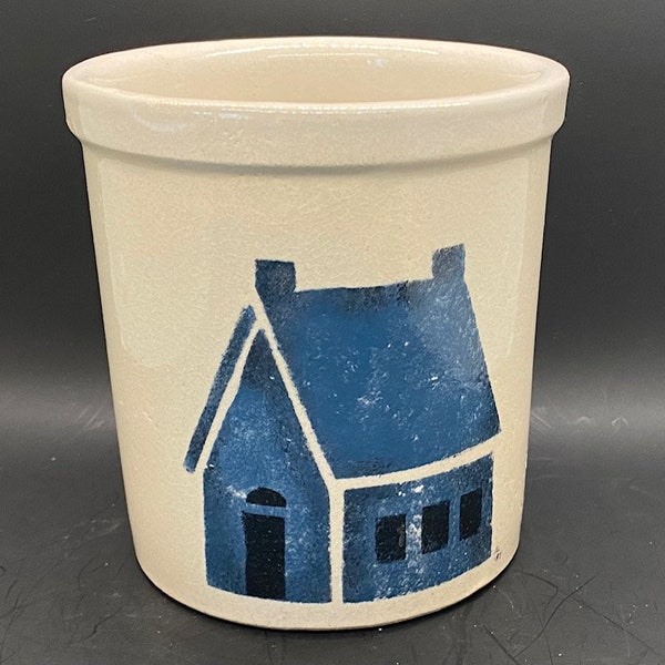 Beautiful Stoneware Rolled Rim Crock/Utensil Holder, House Folk Art, Blue House, Signed by Artist, 1987, Farmhouse Decor