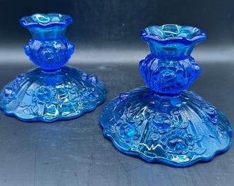Stunning Blue FENTON Candle Holders,  Fenton Collectible, Cabbage Rose Pattern,