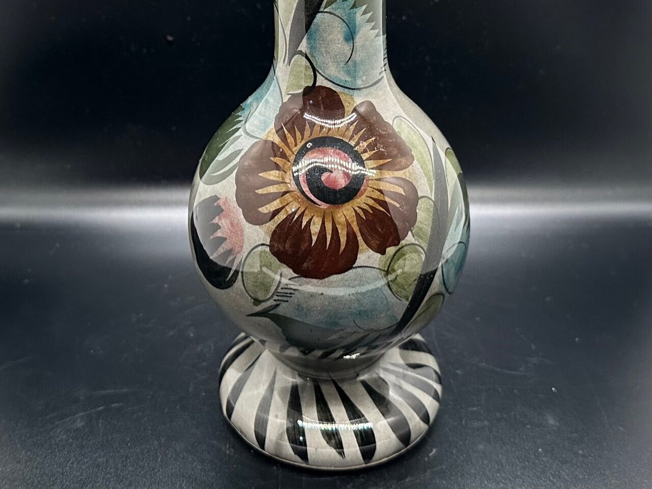 Vintage Tonala Mexican Folk Art Floral Vase, Signed 12"