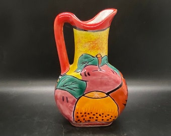 Mexican Folk Art Pottery Small Fruit Themed Pitcher - Creamer - Signed AX