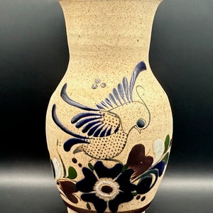 Ken Edwards Style Tonala Pottery Vase, Bird Pattern, Raised Design, Signed Mexico, Textured Mexican Folk Art Pottery