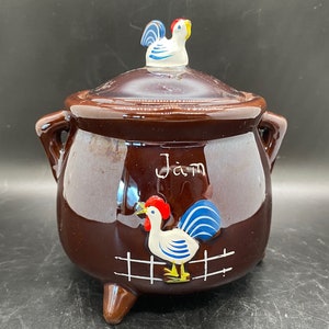 Ceramic Three Footed Farm Country Vintage Jam Jar with Rooster Accents - Lusterware Finish