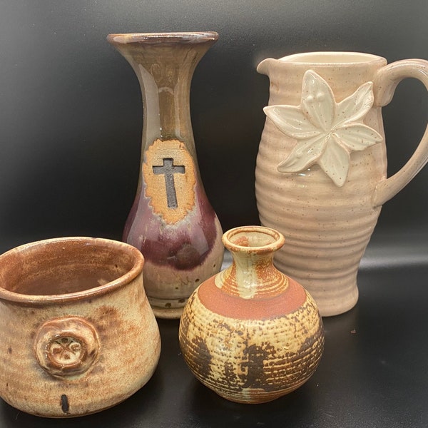 Lot of Vintage Rustic Art Pottery, Display Pieces. Vases, Creamer, Trinket Bowl,  Wedding Gift, Stoneware Collectible, Art Pottery Grouping