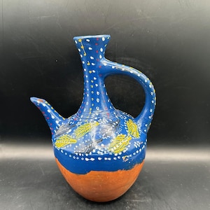Vintage Mexican Folk Art Clay Pottery Pitcher Hand Painted, Clay Water Jug, Rustic