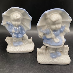 Vintage Enesco Boy and Girl Figurines: Umbrella Puppy Twins