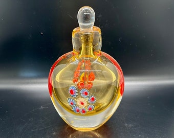 Stunning Murano Style Perfume Bottle, Amber Blown Glass with Millefiori Pattern Flowers, Original Stopper, Perfume Collectible