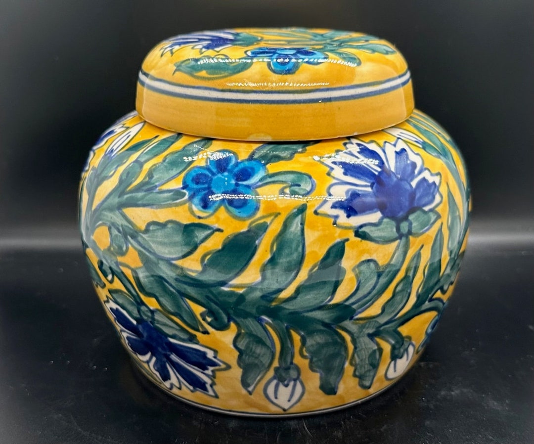 Vintage Ginger Jar Yellow and Beautiful Cobalt Blue Stunning Etsy