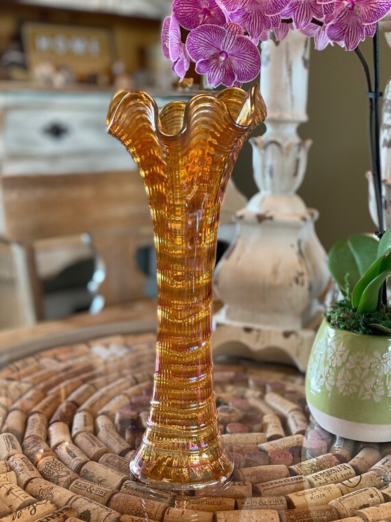 Vintage Imperial Ripple Carnival Glass Vase Rare Marigold Etsy