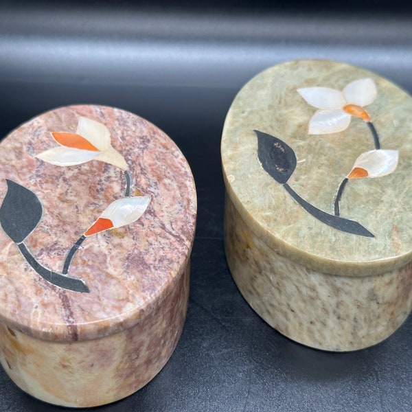 Small Soapstone Trinket Boxs, Oval Shaped with Mother of Pearl Flower on Lids,  Made in India