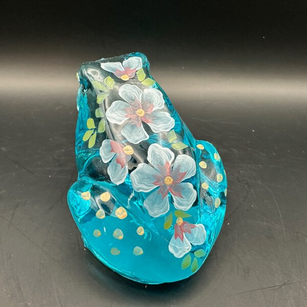 Fenton Sitting Frog, Turquoise with bright Florals, Hand Painted and Signed by Artist D. Caplinger, Fenton Collectible