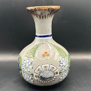 Vintage Tonala Mexican Folk Art Floral Vase: Signed Pottery