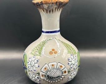 Vintage Tonala Mexican Folk Art Floral Vase: Signed Pottery