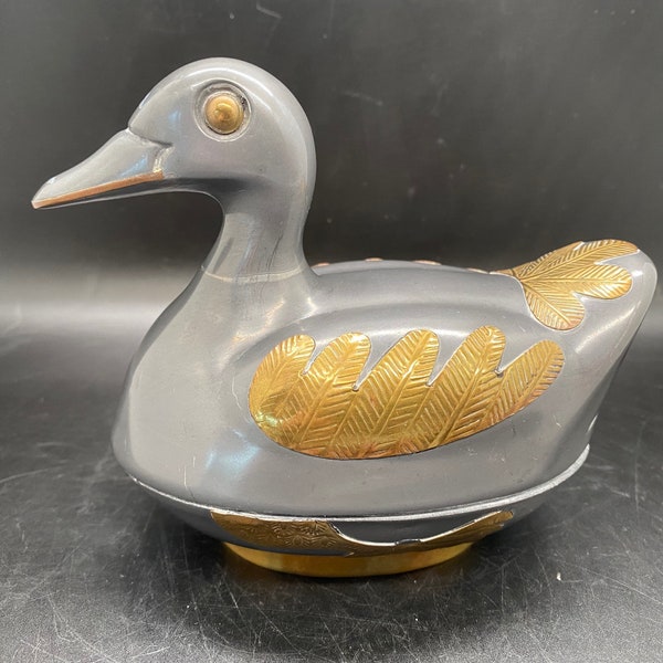 Vintage Chinese Pure Pewter Brass Duck Lidded Trinket Jewelry Box Dish - Original Sticker - Hollywood Regency